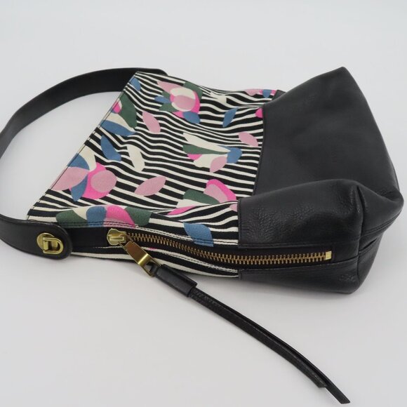 Fossil Maya Hobo Black Pebbled Leather Stripe Flower Floral Canvas Shoulder Bag - Picture 8 of 16